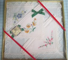Boxed Set 3 Vintage Handkerchiefs- Embroidered Floral W/ Lace Trim- Cotton