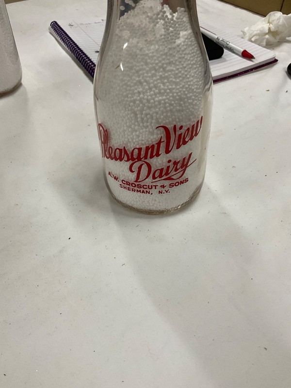 MILK BOTTLE. PINT PLEASANT VIEW DAIRY. SHERMAN NY. A.W. CROSCUT & SONS