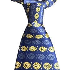 Vintage Museum Artifacts Silk Jesus Fish Mens Neck Tie Blue Gold Casual Colorful