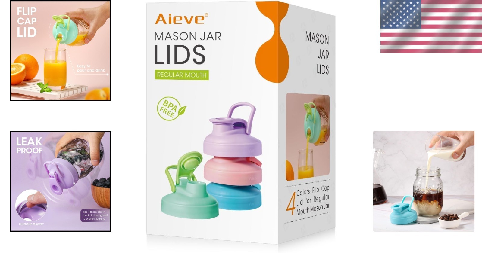 4-Pack Leak-Proof Flip Top Mason Jar Lids - Colorful & Reusable for Drinks