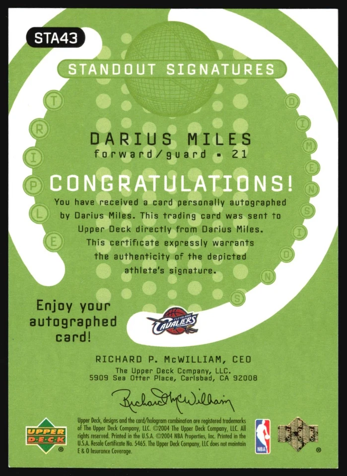 2004-05 Upper Deck Standout Signatures DARIUS MILES Auto /100 #STA43 - Image 2 of 2