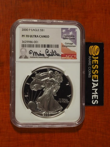 2000 P PROOF SILVER EAGLE NGC PF70 ULTRA CAMEO MIKE CASTLE SIGNED FLAG LABEL