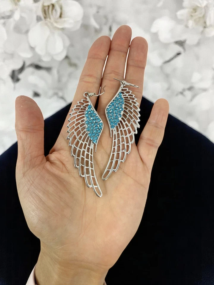 Pendientes de pluma de ángel gancho de cristal azul pendientes colgantes para mujer regalo Foto 3 de 3