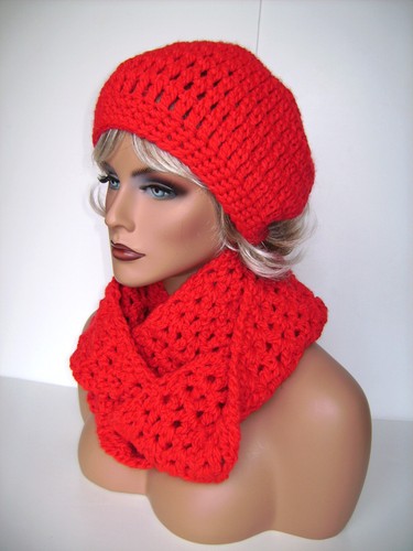 NEW TRUE RED SCARLET HAND CROCHET HAT AND INFINITY SCARF SET HAND MADE  BEANIE   - Picture 5 of 12