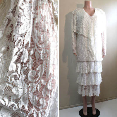 Night Moods Layered Lace Dress XL 1X Vintage 80s Poly Drop Waist Retro 1920s