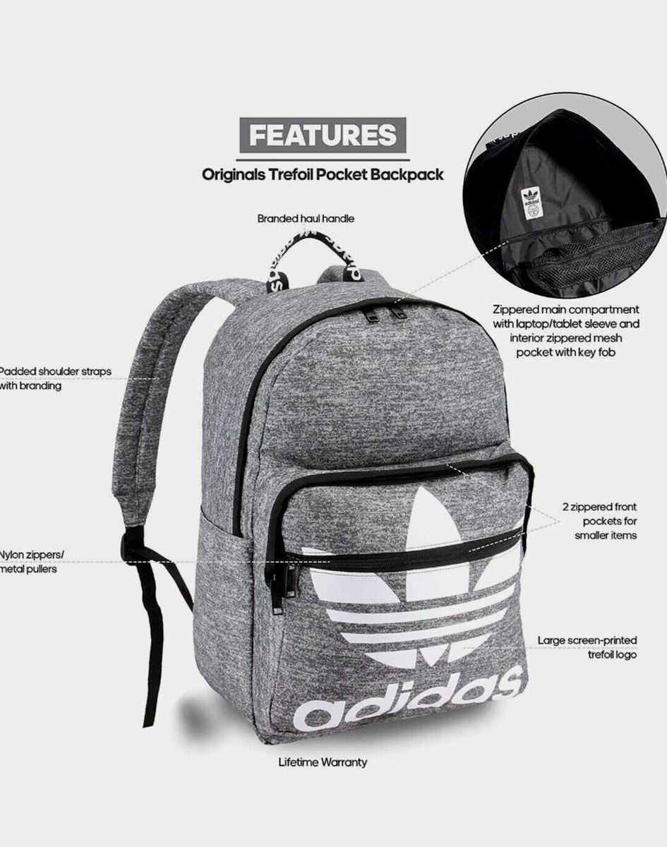 Adidas Originals Trefoil Logo Print Gray Backpack School Gym