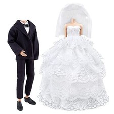 Wedding Set Beautiful Gown White Bride Dress Clothes with Veil and Groom Busi...