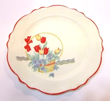 Antique Homer Laughlin Dinner Plate Floral Basket Red Tulips Blue Virginia Rose