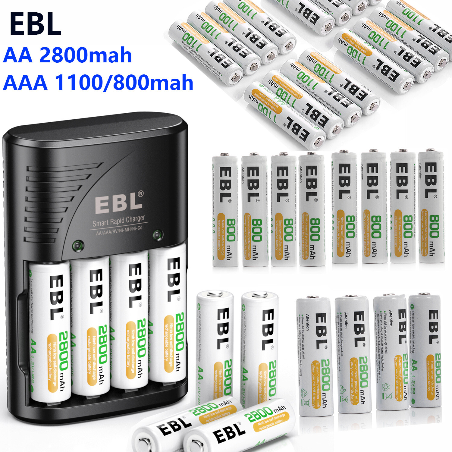AA AAA Batteries 1.2V Rechargeable 2800mah 1100mAh 800mAh Lot w/ AC Charger-image