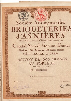 Aktion S.A. Briqueteries d'ASNIERES, 500 Franken mit Gutscheinen