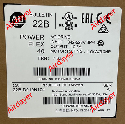 ALLEN BRADLEY 22B-D010N104 POWER FLEX 40 SER A AC DRIVE FRN 7.02 OUTPUT 10.5A