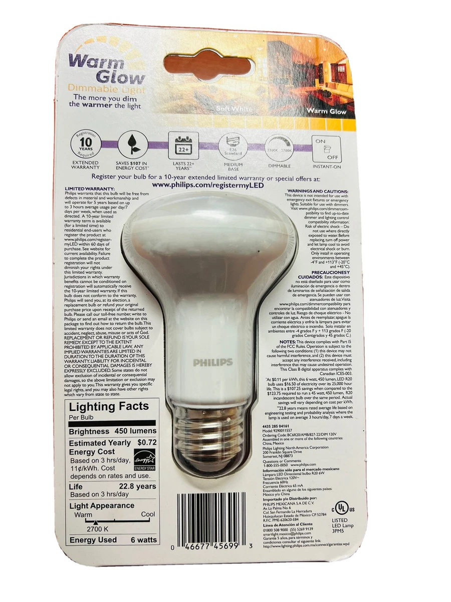 Philips 6w LED 45w 450 Lumens E26 Dimmable Warm Glow Soft White Light Bulb
