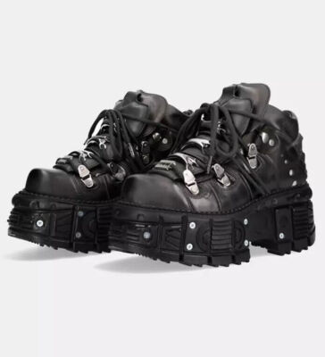 New Rock Boots Unisex Metallic Schuhe Black Leather Goth Platform Boots  DE