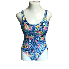 Sz 10 Islander Vintage Hawaiian One-Piece Swimsuit  Blue  Floral