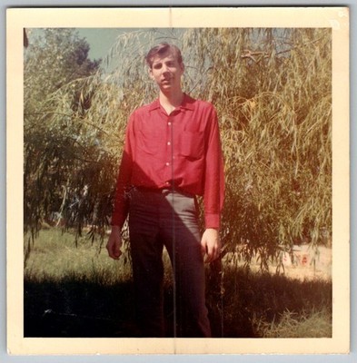 Vtg Color Snapshot Tall Young Man In Red Button Down Shirt By Willow Tree 1960s