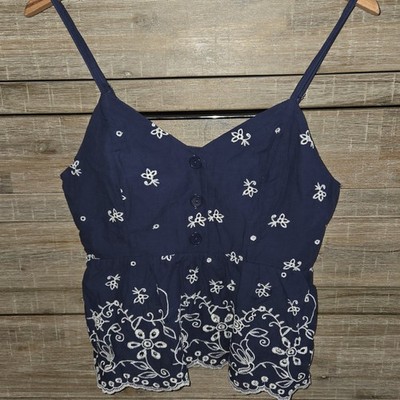 Francesca s Blue White Embroidered Floral Spaghetti Strap Peplum Top Small NWT