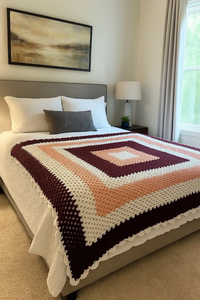 Manta de abuela cuadrada hecha a mano de ganchillo marrón/blanco/rosa de 5 pies X 5 pies Foto 4 de 4