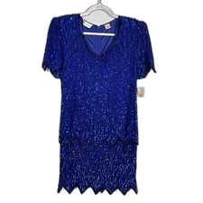 Lawrence Kazar Blue Sequin Dress Vintage, 100 Silk, Size L Blue Scalloped Hem