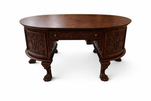 Antique Carved Tiger Oak Partner’s Desk – Ornate Floral Panels, Claw Feet, c. 18