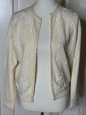 Vintage Jeri Jo Ivory Beaded Sweater Wool  Size 42 Bust 38"