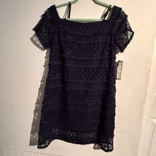 TAHARI Arthur S. Levine Women's Lace Dress Navy Blue Size 6 off Shoulder Zip NWT