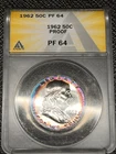 1962 Franklin Proof 90% Silver Half Dollar ~ Anacs PF65 Beautiful Rainbow Toning