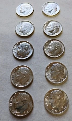 Lot of 10 - U.S. 90% Silver Roosevelt Dimes BU 1959-64 Various Mints $1 Face #19