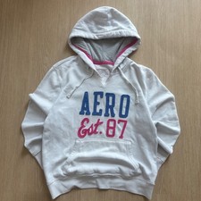 Aeropostale Womens White Y2K Logo Pullover Hoodie AERO Est 87 Pink Blue