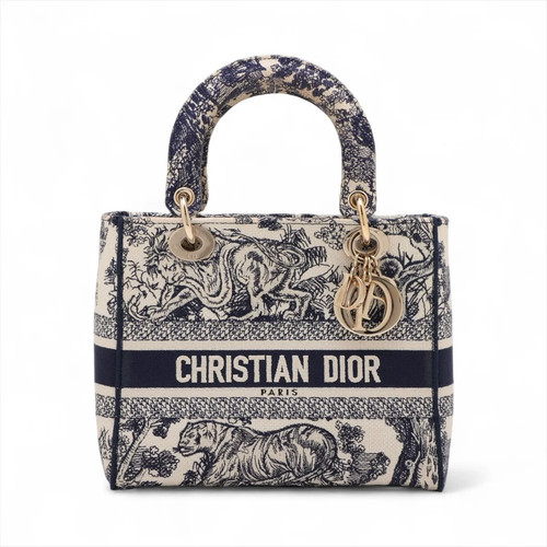 Christian Dior Toile Doo JUY Embroidery Lady Dee light canvas 2 Way Handbag Navy
