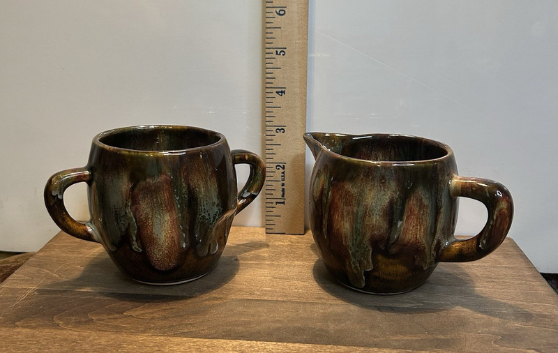 Dryden Pottery Creamer & Sugar Bowl 2pc Set, Brown/Green Drip, Glossy Handles