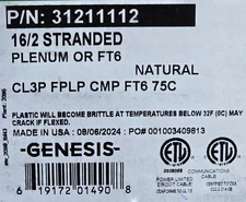 Southwire Genesis 3121 16/2C Audio/Security/Alarm Cable Plenum CMP White /50ft