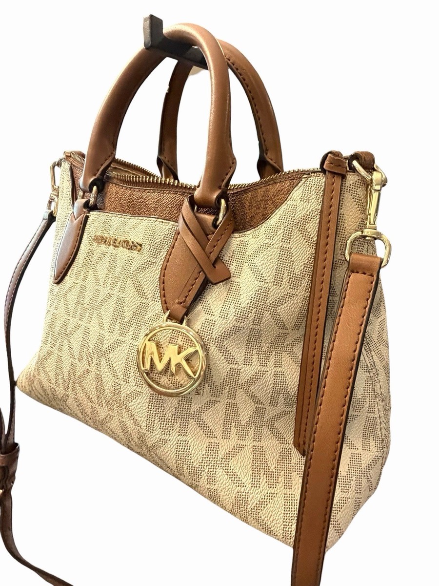 Michael Kors Austen Small Signature Logo Satchel Vanilla Brown Leather Trim View 2