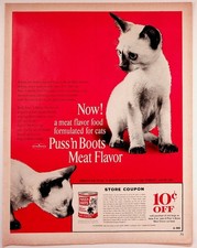 Puss 'n Boots Cat Food Vintage Magazine Ad Siamese Cats 1950s Original Print