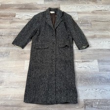 Peabody House Vintage 80s 90s Black Herringbone Wool Long Coat Classic Tailored