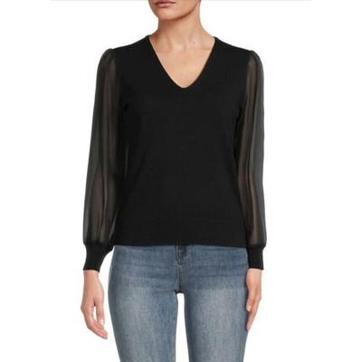 Line Knitwear Women's Sheer Insets V-Neck Sweater in Black Caviar Large $120