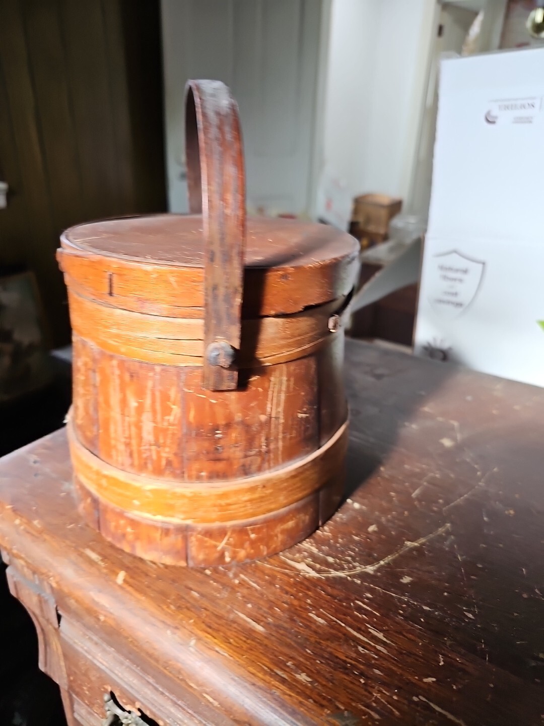 Vtg Primitive Wooden FIRKIN/Sugar Bucket 3 Fingers Wooden Swing Handle