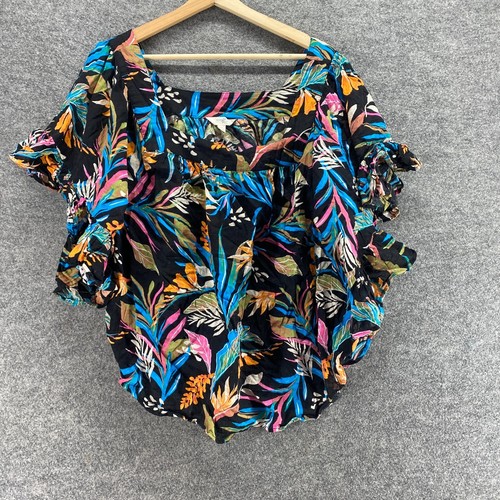 Terra & Sky Blouse Women 2X Plus Black Floral Short Sleeve Cotton Round Neck