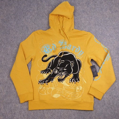 Ed Hardy Hoodie Medium Yellow Panther Tattoo Drawstring Designer Mens Sweatshirt