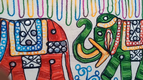 Handmade Embroidered Indian Elephant Wall Hanging Table Runner Tapestry Colorful - Video 1 of 1