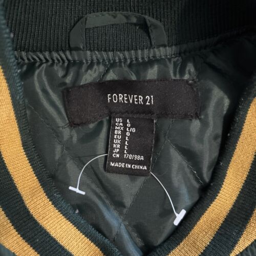 Forever 21 Women’s Green Bomber Jacket Yellow Striped collar & Sleeve Size Large - Picture 6 of 11
