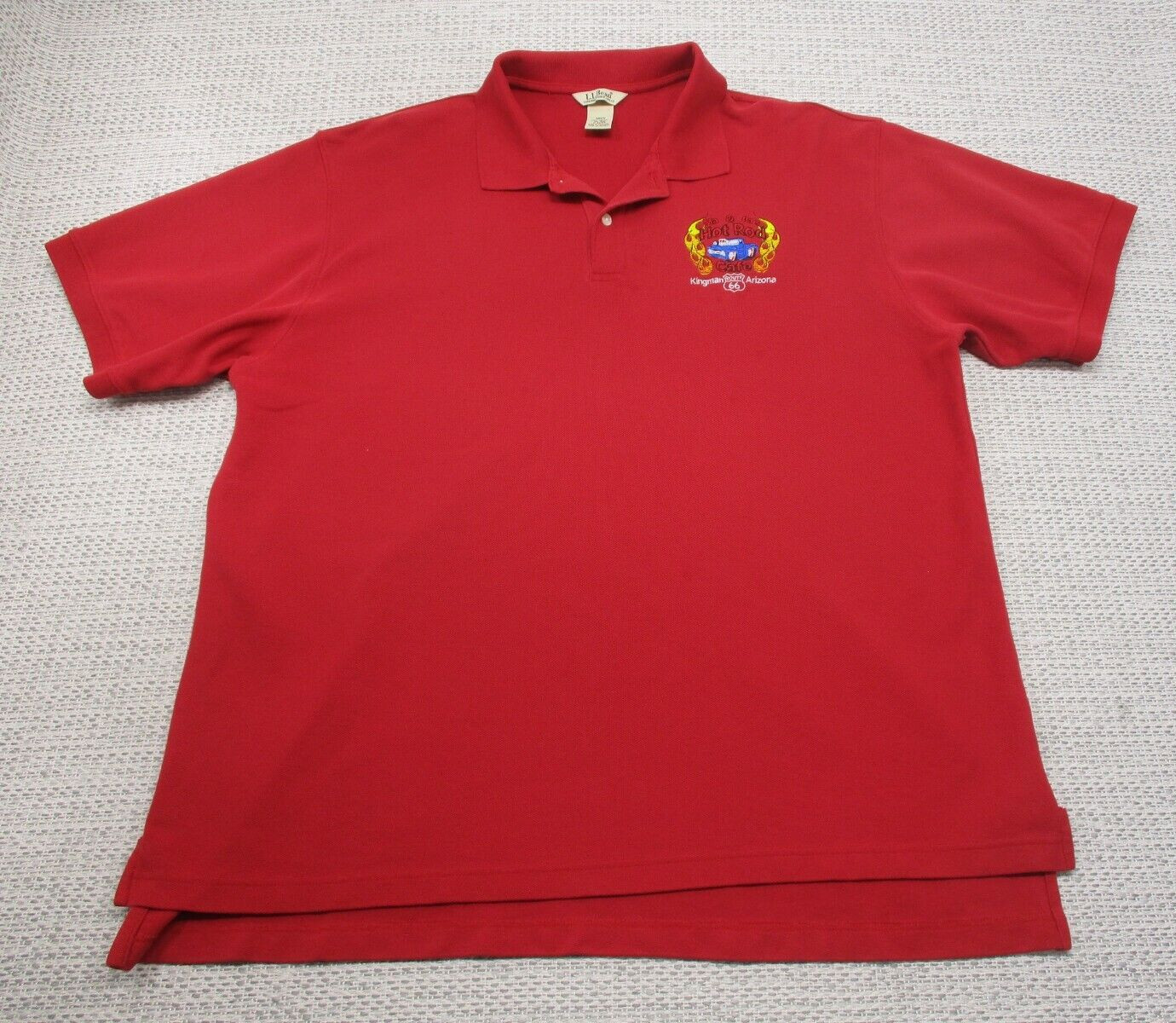 LL Bean Polo Shirt Mens XL Carefree Short Sleeve Red Hot Rod Cafe Kingman AZ