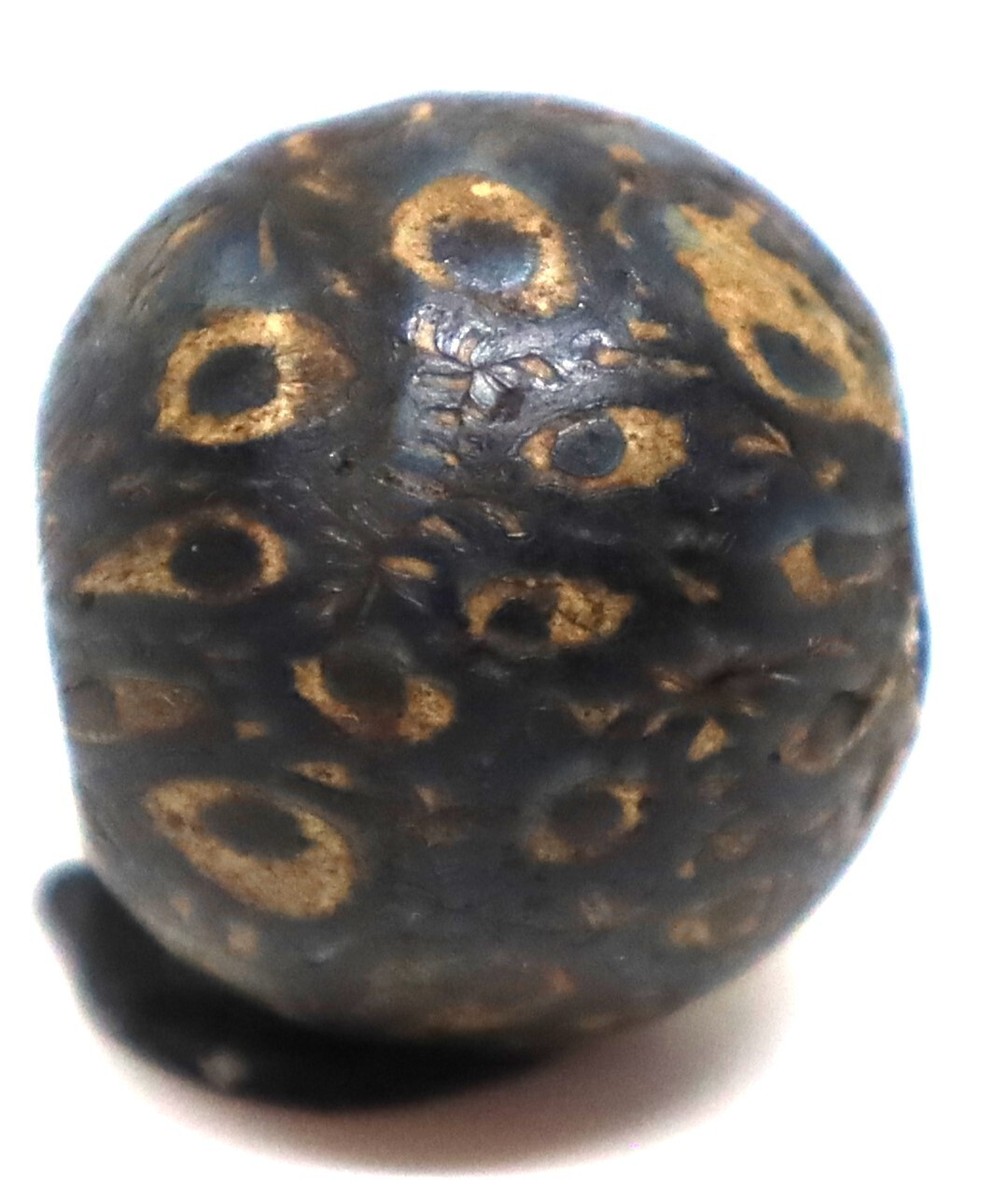 Perle Ancienne Romaine En Verre Gabri - Yeux, Taille 17,6 Mm/16 Mm, Authentique