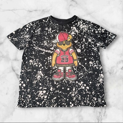 Phat Farm 23 Savage Bear T Shirt Men's Large Black White Bleach Paint Splash