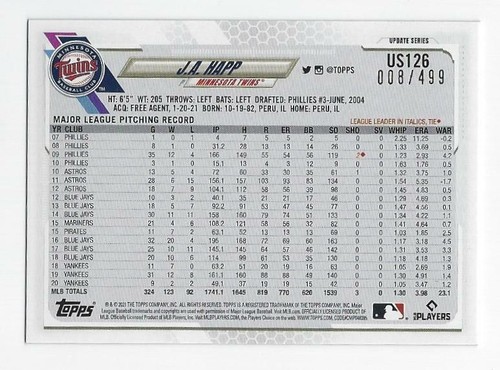Actualización Topps 2021 #US126 J.A. Lámina verde Happ paralelo #'d 008/499 ~ gemelos - Imagen 2 de 2