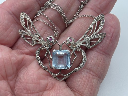 Platinum Diamond and Natural Aquamarine Art Deco Dragonfly Necklace 1920s - Picture 12 of 13