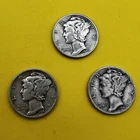 1942 THREE Mercury Dimes S, P, D MINT MARKS, 90% FINENESS SILVER COINS
