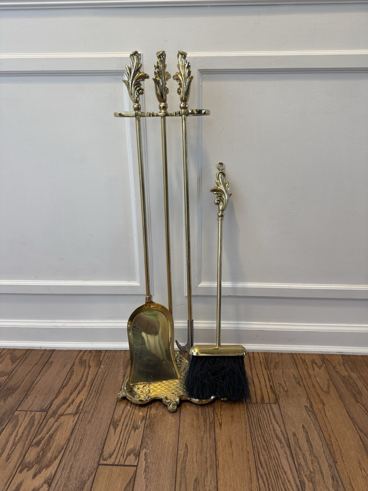 Vintage Ornate Brass Fireplace Tool Set – 4-Piece French Rococo Style No Tongs