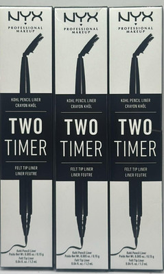 3PK NYX Two Timer Kohl Pencil & Felt Tip Eyeliner ~ 0.04 FL OZ EACH ~ JET BLACK
