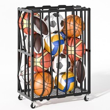 Ball Sports Organizer Storage Cart, Garage Metal Rolling Bin with Thicker Ela...