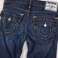 VTG True Religion Flap Pocket Straight Jeans Men 34x31 Thick Stitch Y2K Faded